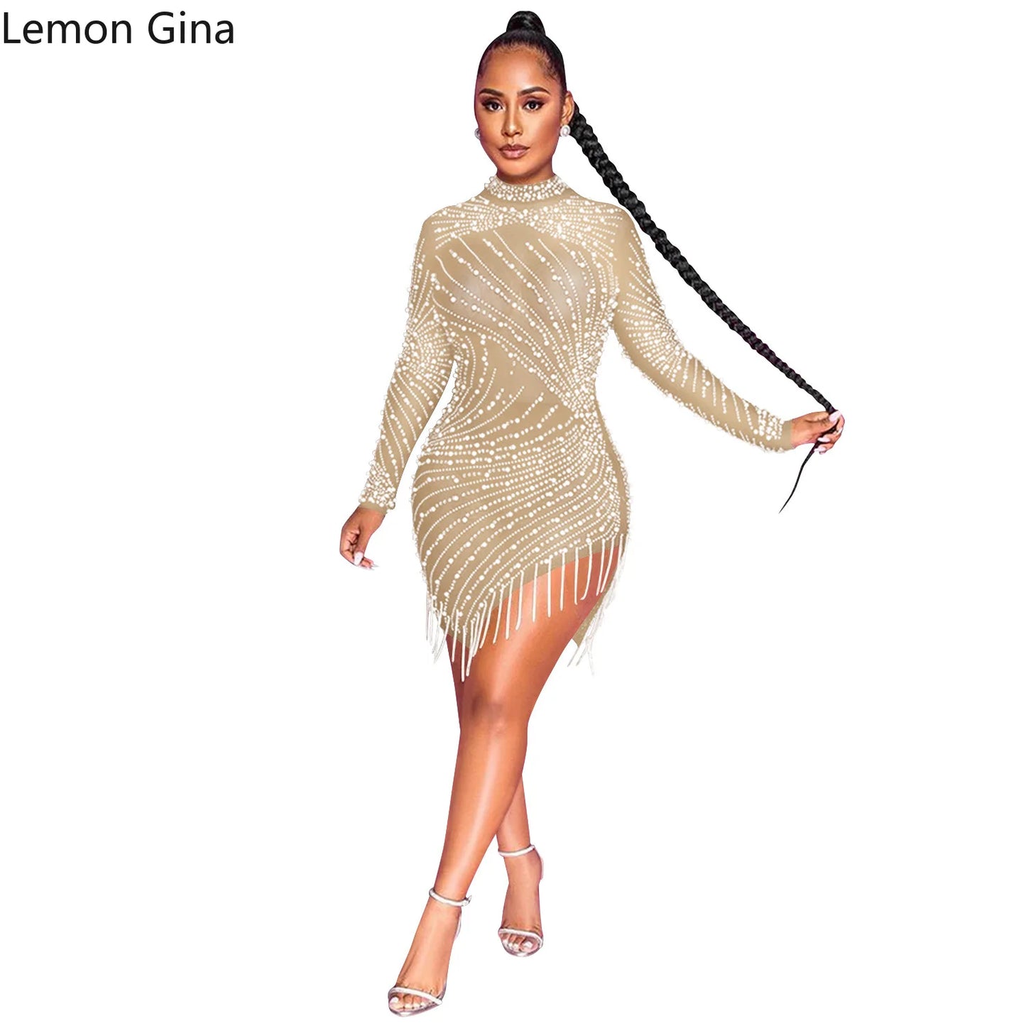 Lemon  Gina  Summer  2021 Sexy Nightclub Net Gauze Perspective Hot Diamond Bubble Beads Fringe Round Collar Long Sleeves Dress