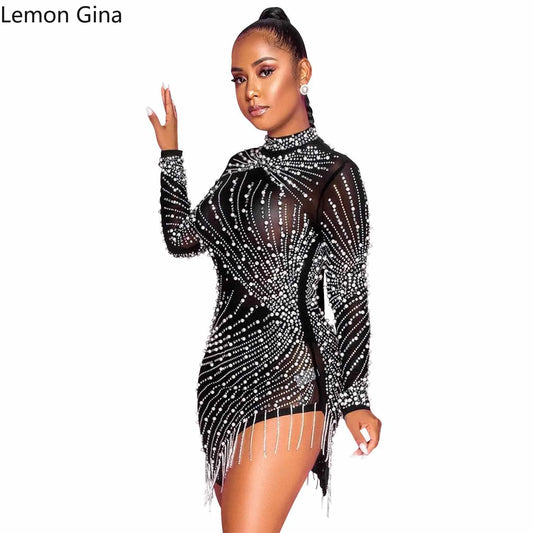 Lemon  Gina  Summer  2021 Sexy Nightclub Net Gauze Perspective Hot Diamond Bubble Beads Fringe Round Collar Long Sleeves Dress