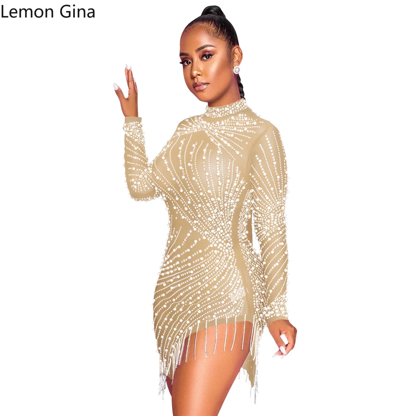 Lemon  Gina  Summer  2021 Sexy Nightclub Net Gauze Perspective Hot Diamond Bubble Beads Fringe Round Collar Long Sleeves Dress