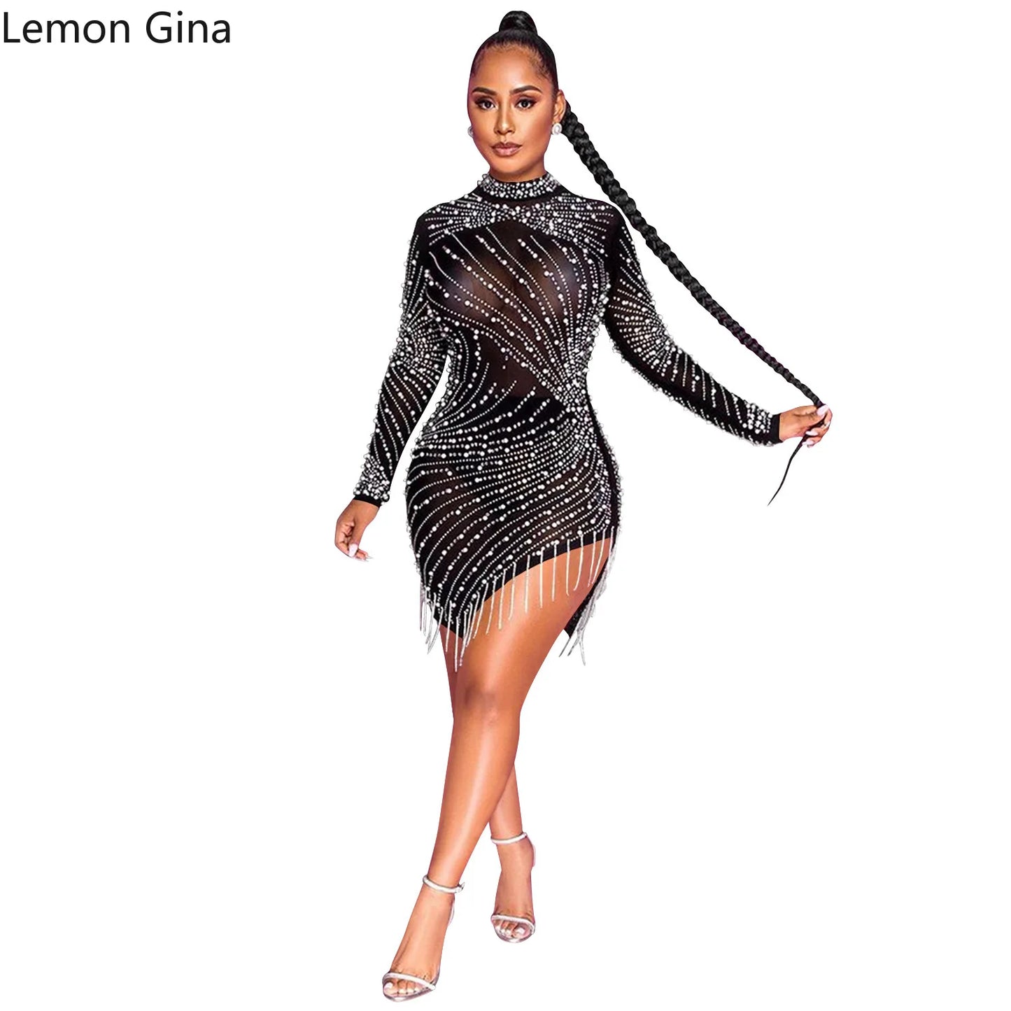 Lemon  Gina  Summer  2021 Sexy Nightclub Net Gauze Perspective Hot Diamond Bubble Beads Fringe Round Collar Long Sleeves Dress