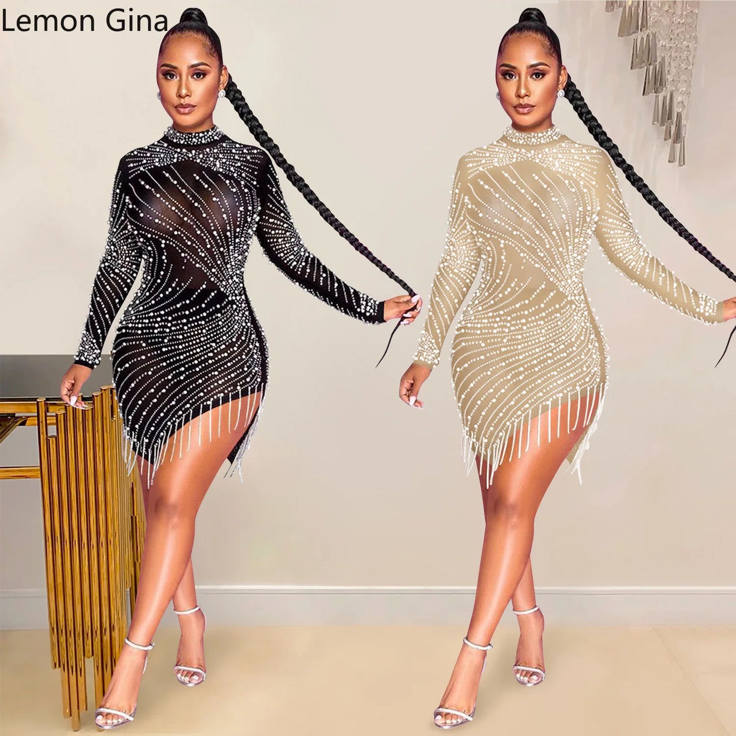 Lemon  Gina  Summer  2021 Sexy Nightclub Net Gauze Perspective Hot Diamond Bubble Beads Fringe Round Collar Long Sleeves Dress