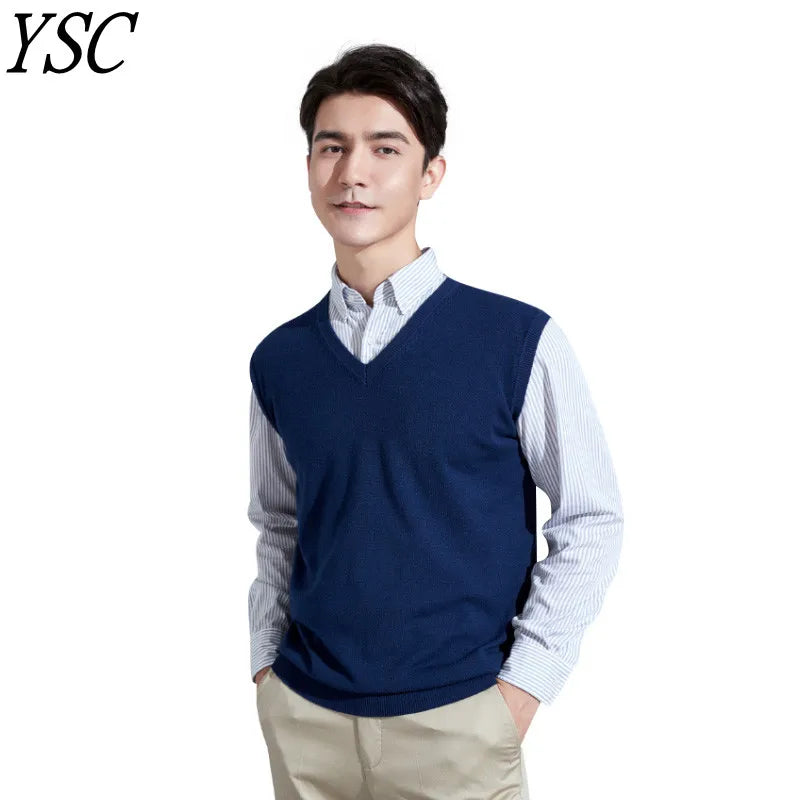 YSC 2022 new style Men's knitting Cashmere wool blend vest V collar  Loose style solid color High-quality soft keep warm Vest