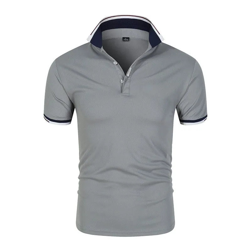 Urban Chic Men's Polo Shirt: Sleek Grey with Classic Striped Trim Detail