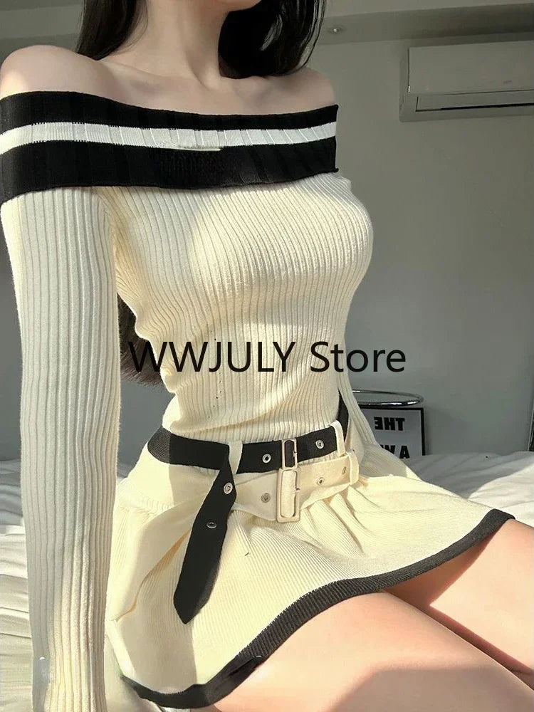 Off Shoulder Sexy Slim Bodycon Dress Casual Knitted Y2k Mini Dress Elegant Korean Fashion Short Party Dress Woman 2024 Autumn