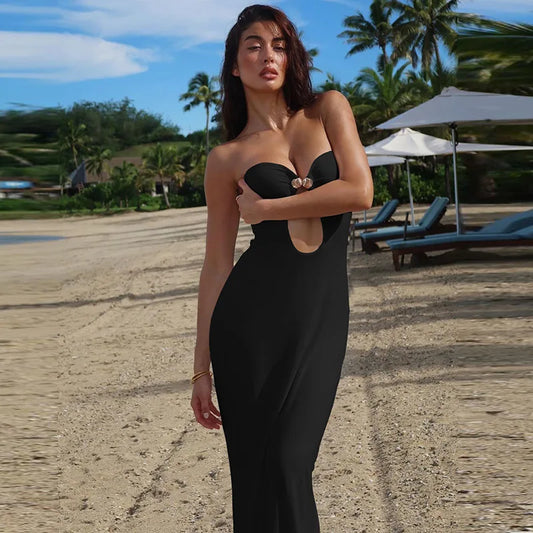 Sexy Strapless Maxi Dress for Women Elegant Fashion Hollow Out Bodycon Dress Summer Evening Party Dress Club Outfits 2024