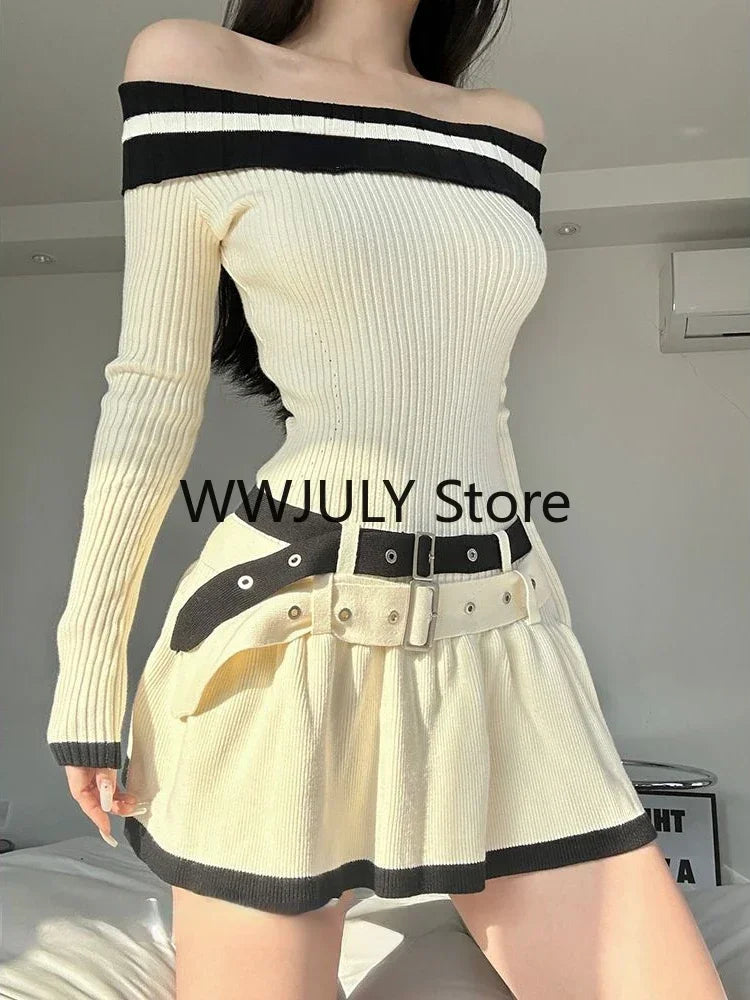 Off Shoulder Sexy Slim Bodycon Dress Casual Knitted Y2k Mini Dress Elegant Korean Fashion Short Party Dress Woman 2024 Autumn