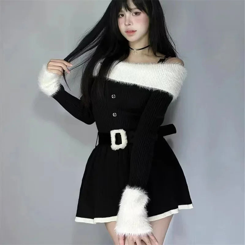 Off Shoulder Sexy Slim Bodycon Dress Casual Knitted Y2k Mini Dress Elegant Korean Fashion Short Party Dress Woman 2024 Autumn