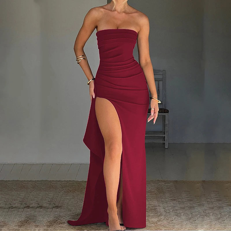 Female Backless Bag Hip Evening Dress Women Sexy One Shoulder Tube Tops Gala Dress 2024 Elegant Solid Ruffles Split Party Dress